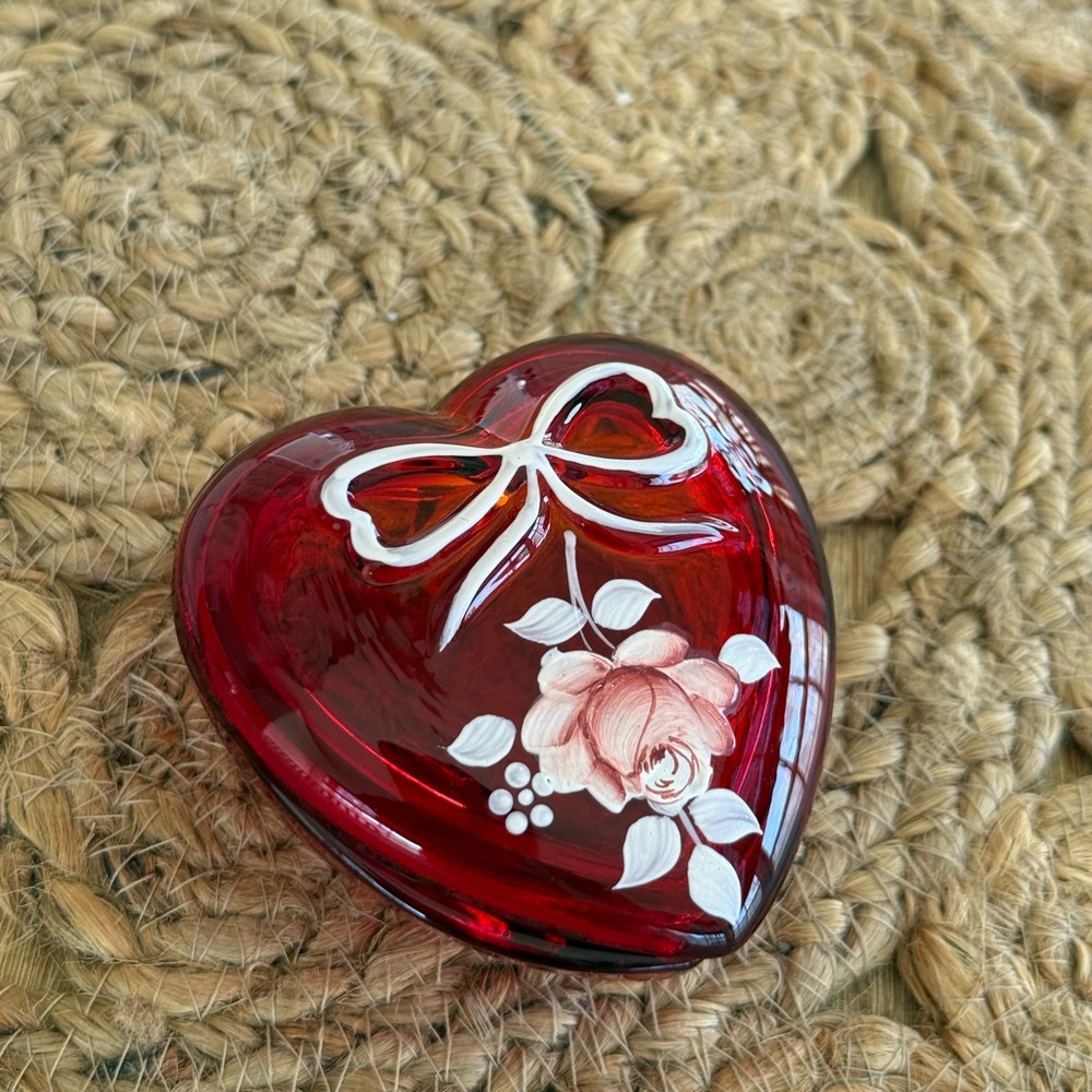 Vintage Westmoreland Ruby Red Trinket Box Hand Painted Rose Signed